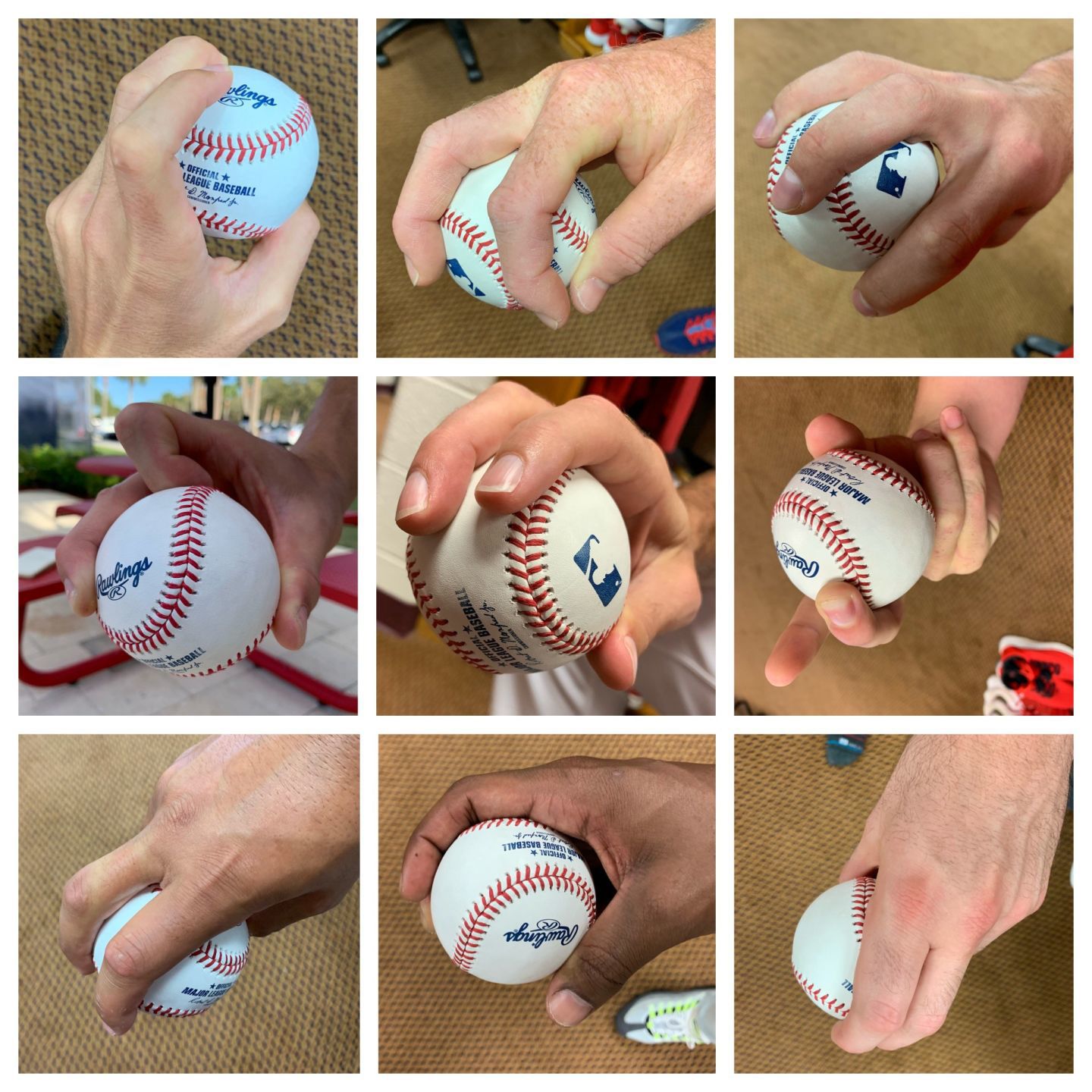 Nine pitch grips from nine Cardinals pitchers (color)